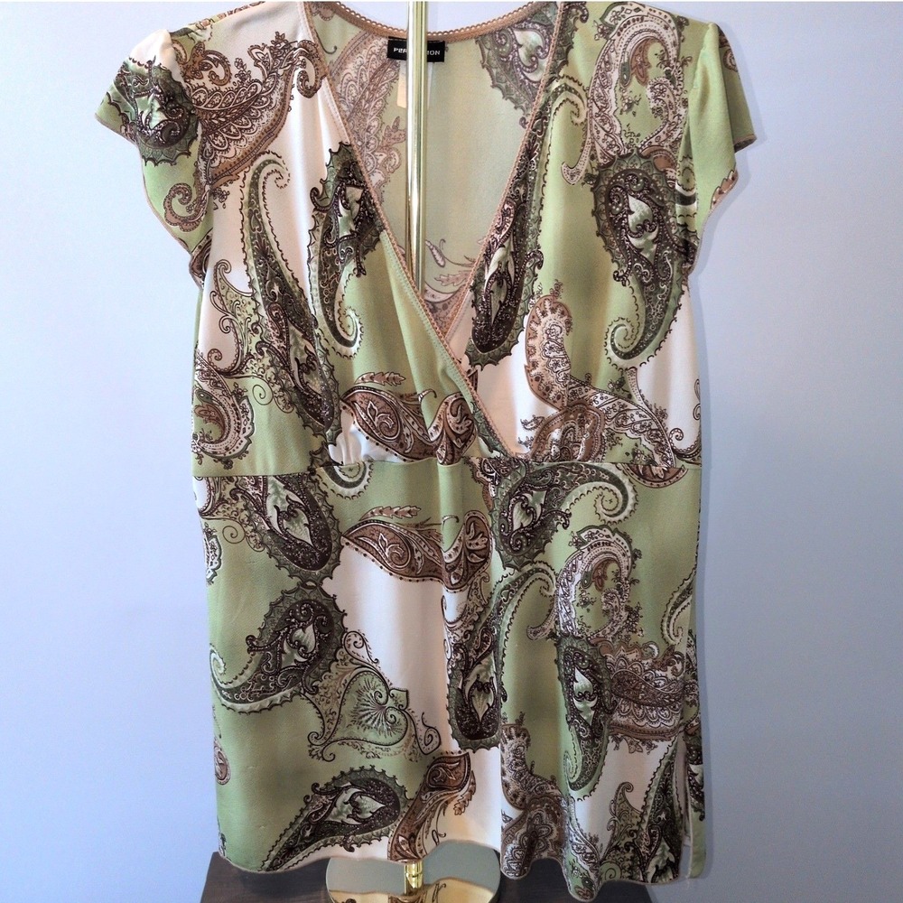 Perception‎ Paisley Blouse Women XL Green Surplice V-Neck Boho Empire Waist Top